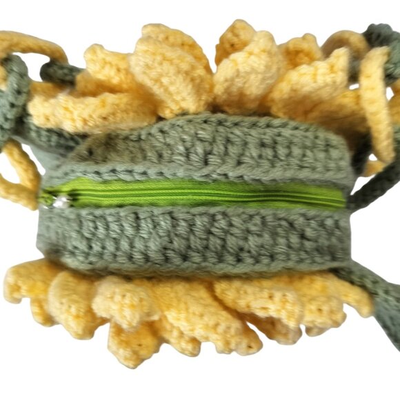 Handmade Crochet Handbag Sunflower Chain Handle Size Med Yellow Green - Picture 3 of 9
